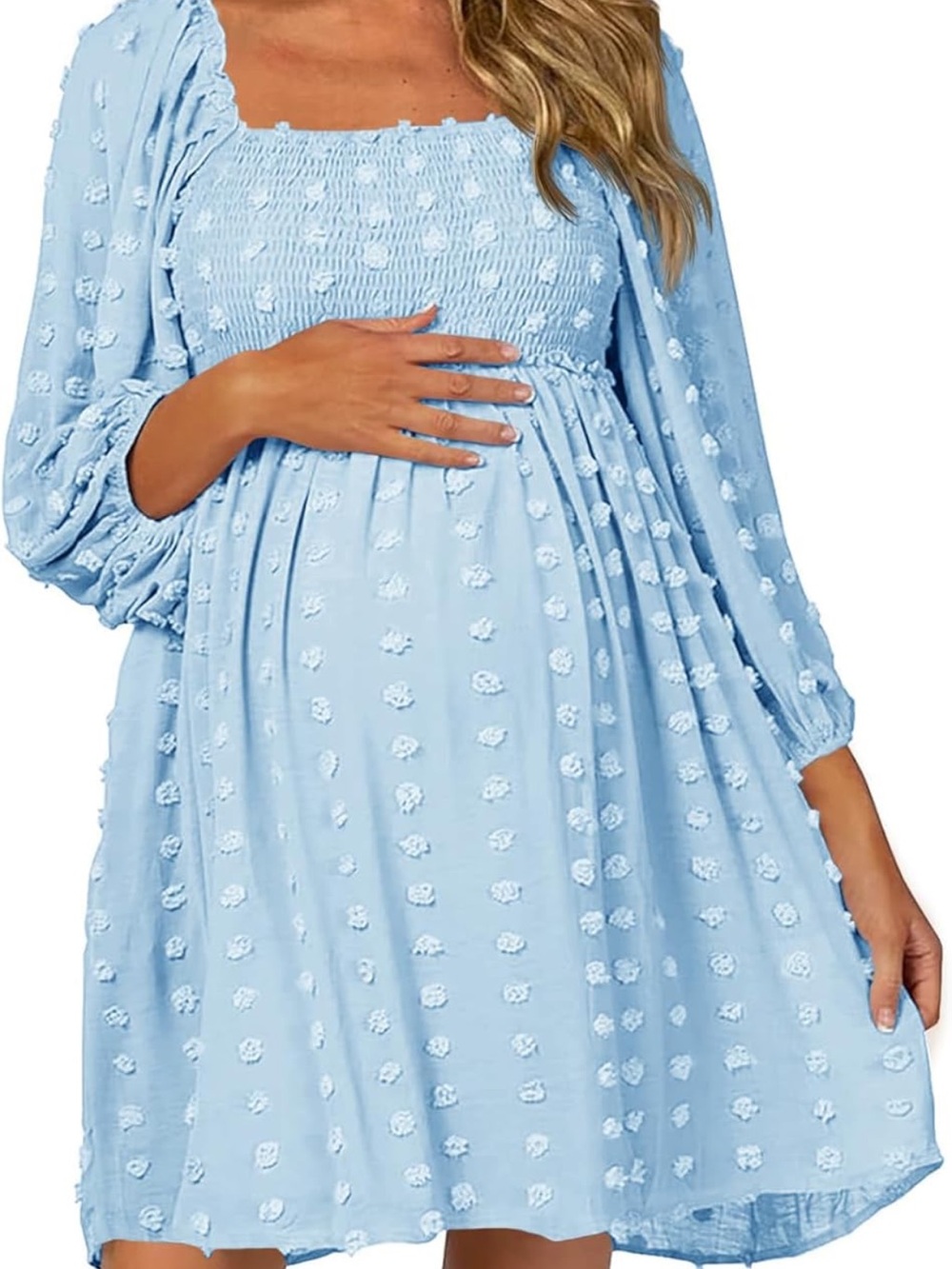 Light Blue Smocked Long Sleeve Maternity Dress